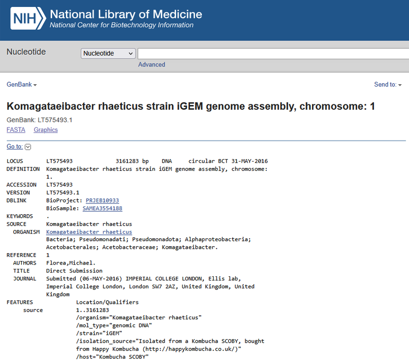 NCBI GenBank record for Komagataeibacter rhaeticus