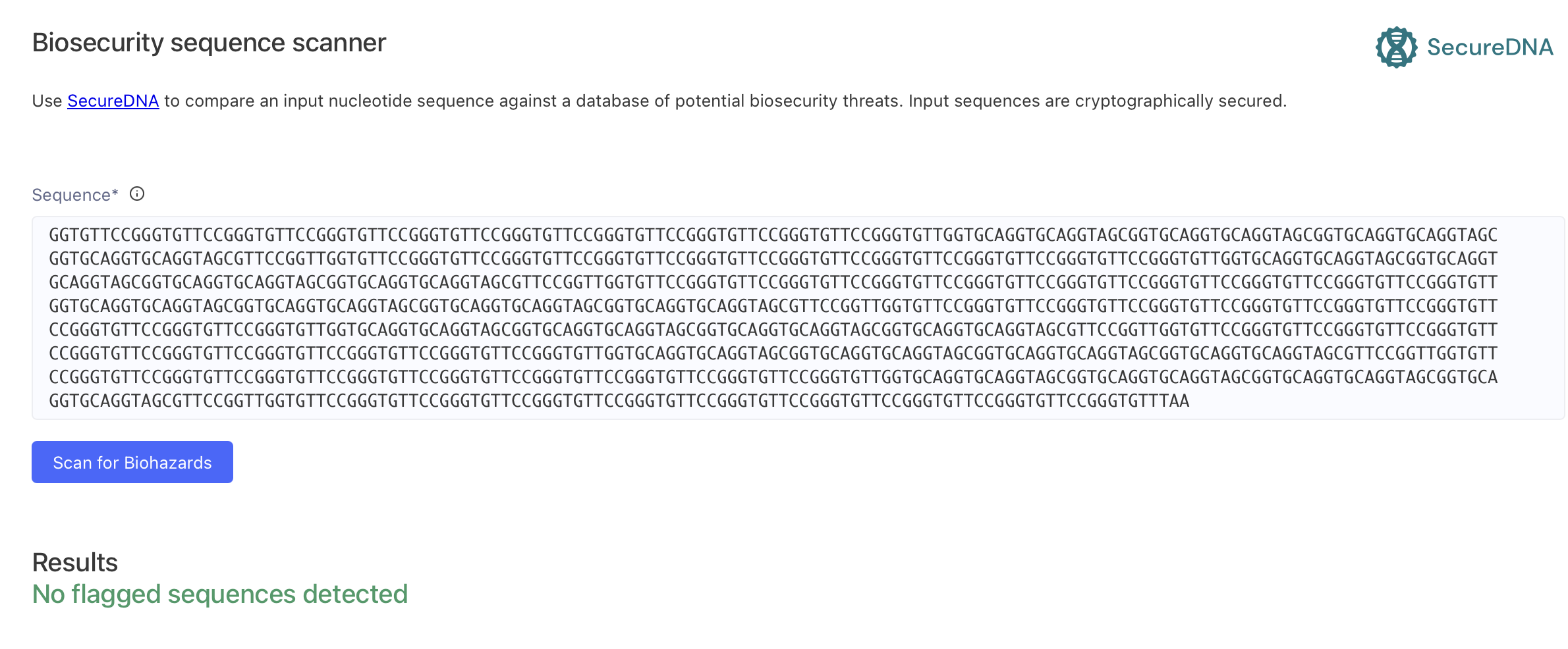SecureDNA biosecurity screening result