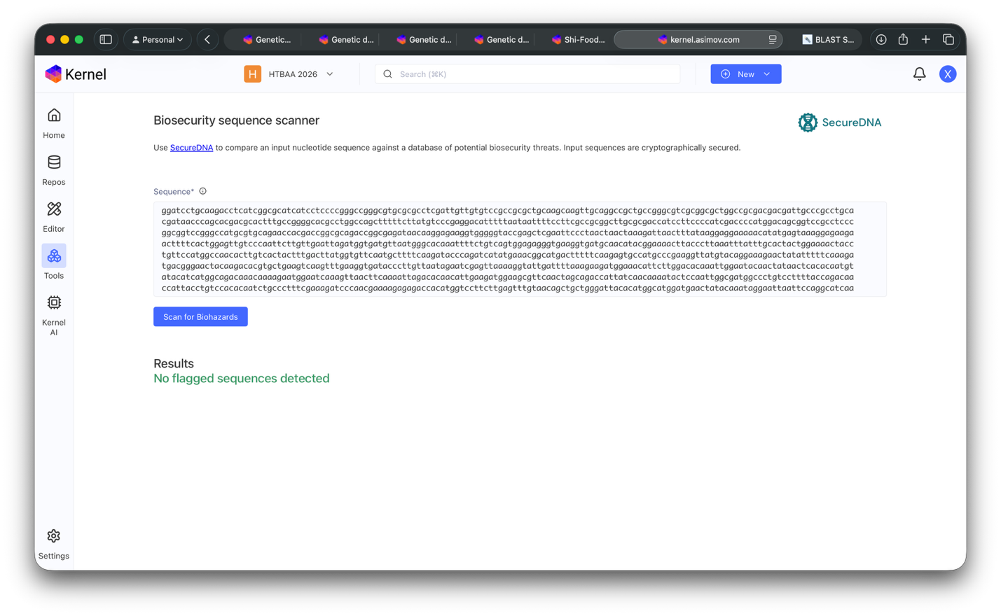 The construct-level SecureDNA result recorded in Kernel.
