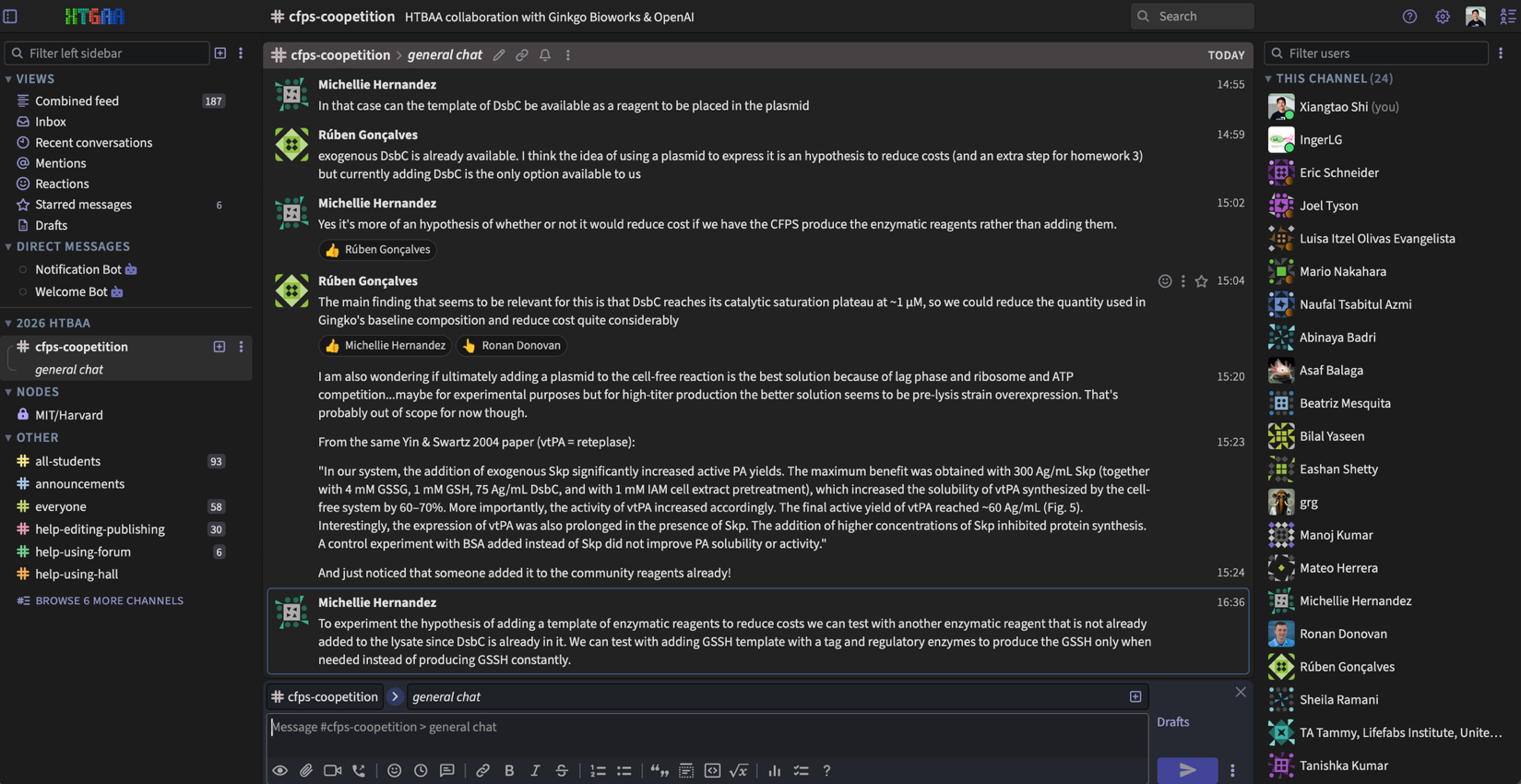 The cfps-coopetition discussion channel in the HTGAA Zulip forum.