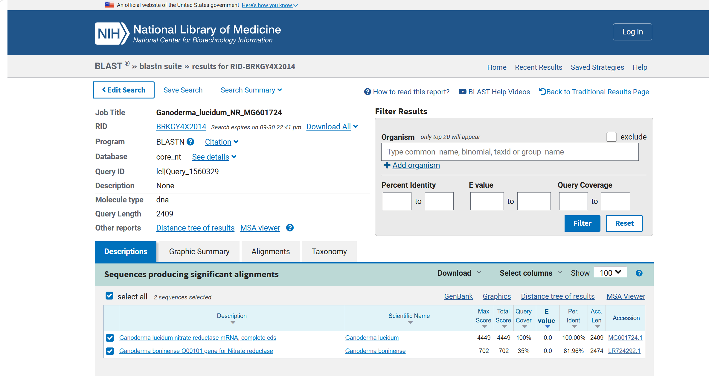 NCBI BLAST results for NR_MG601724